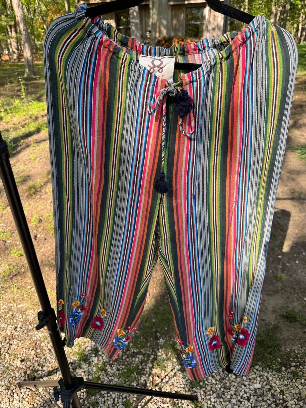 Figue Colorful Multistripe Tie-Waist Silk Pants with Floral Hem L